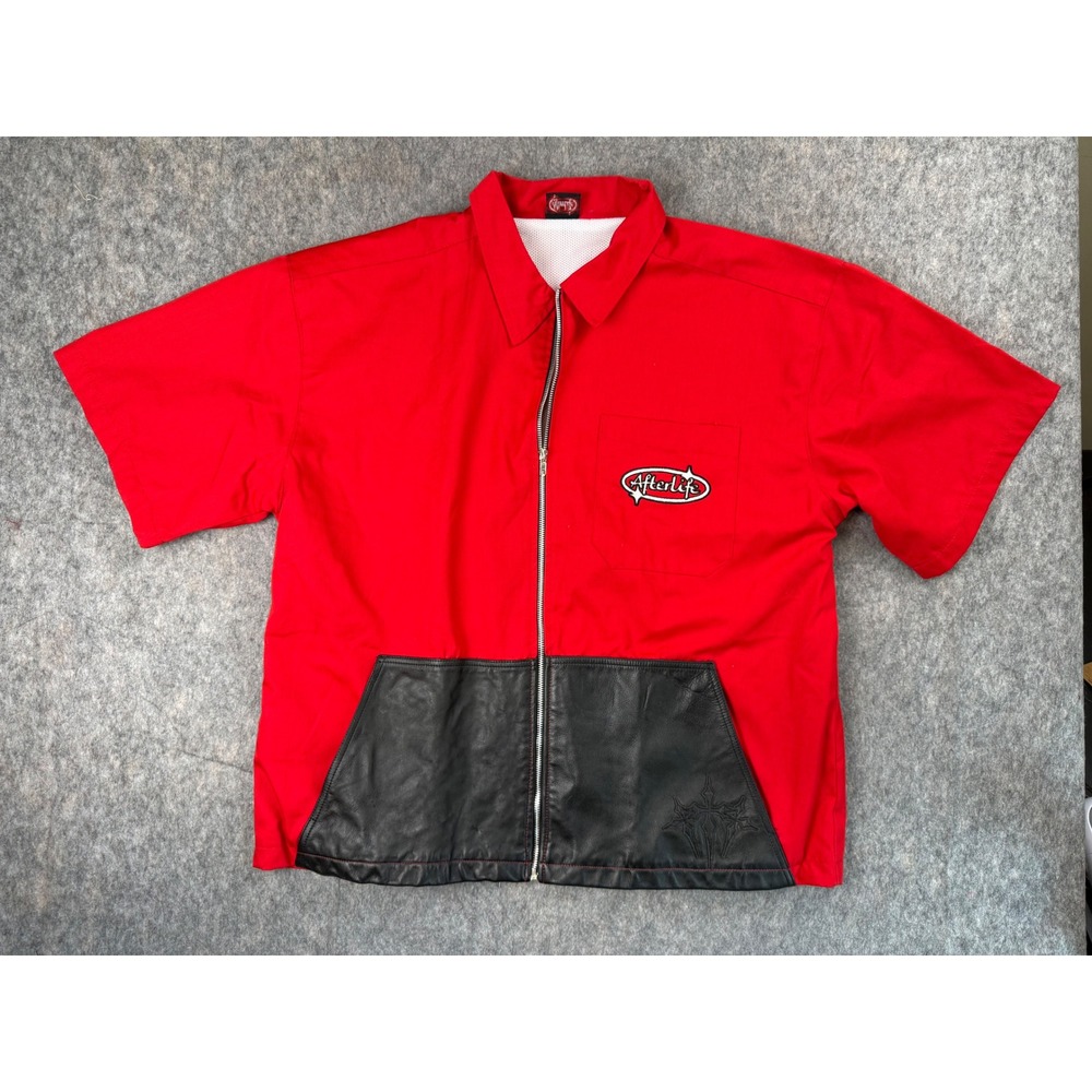Afterlife Mens Red Black Leather Panel Zip Up Work Shirt Live Die Live Again XXL